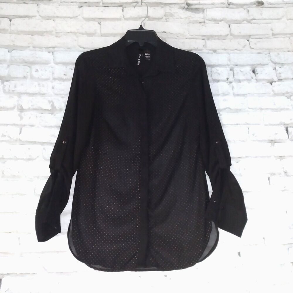 Fun & Flirt Blouse Womens Small Black Semi Sheer Studded Button Up Roll Tab 90's